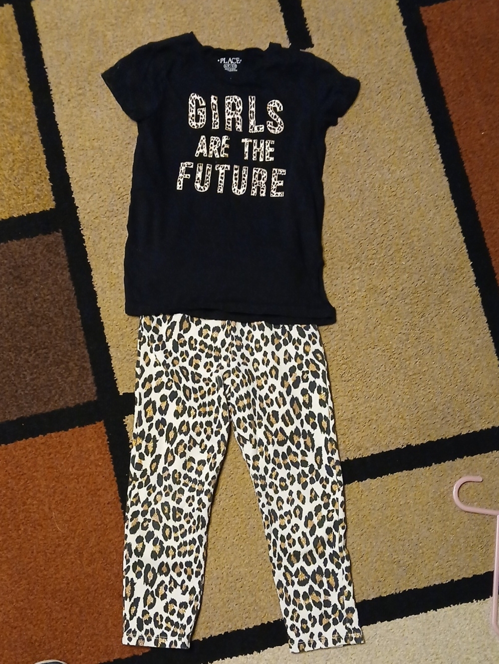 The Children's Place Black Tee with White Leopard Print Leggings